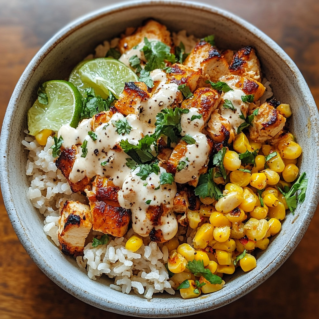 Healthy rice bowl with grilled chicken, street corn, and fresh toppings in a bowl