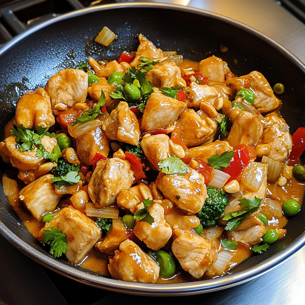 Thai chicken stir-fry with vegetables in a creamy peanut sauce served in a bowl